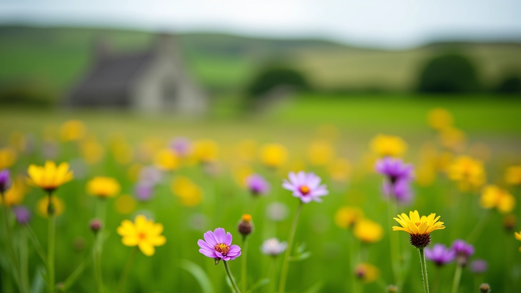 Seasonal wildflowers blooming in Irish meadow with historic stone structures in soft distance